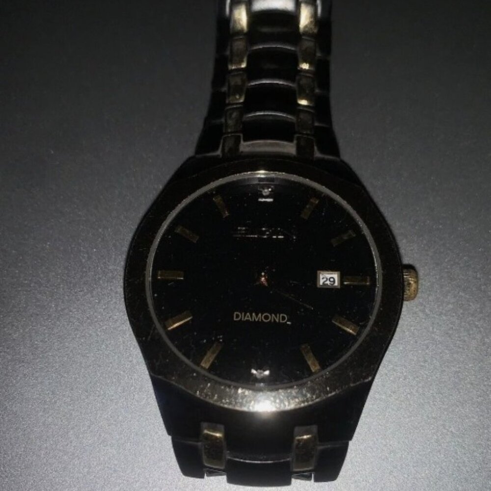 Mens Elgin Diamond 40mm Black Gold Tone Watch FG8021 , NEEDS A NEW BATTERY